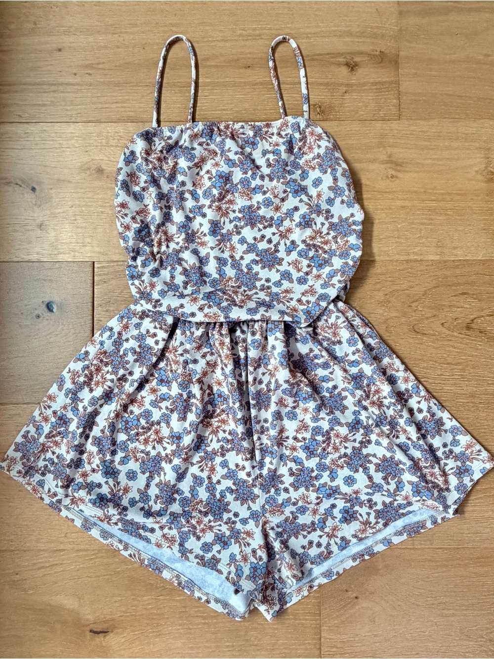 VTG Y2K Ditsy Floral Spaghetti Strap Short Romper White Blue Brown Medium (est)